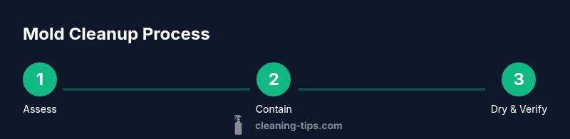 Process diagram showing assess, contain, and dry steps for black mold cleanup