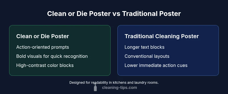 Two-column infographic comparing clean or die poster with traditional cleaning poster