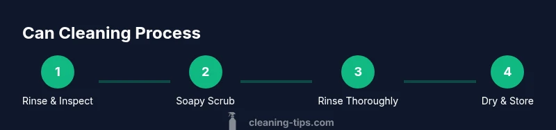 Sequence of washing a metal can with soap, vinegar, and drying on a rack