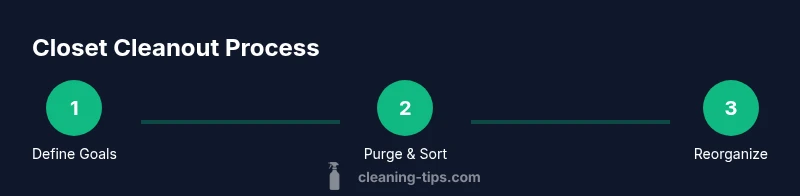 Infographic showing a three-step closet cleanout process: define goals, purge and sort, reorganize
