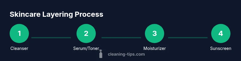 Process diagram showing skincare layering order from cleanser to sunscreen