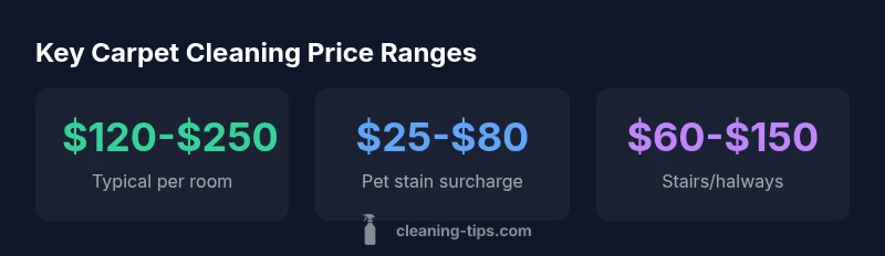 Infographic showing price ranges for carpet cleaning: per room, pet stain surcharge, stairs cost