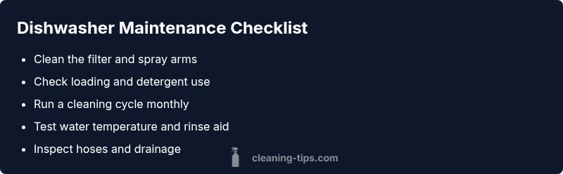 Checklist for dishwasher maintenance and troubleshooting