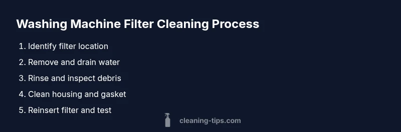 Process diagram showing washing machine filter cleaning steps