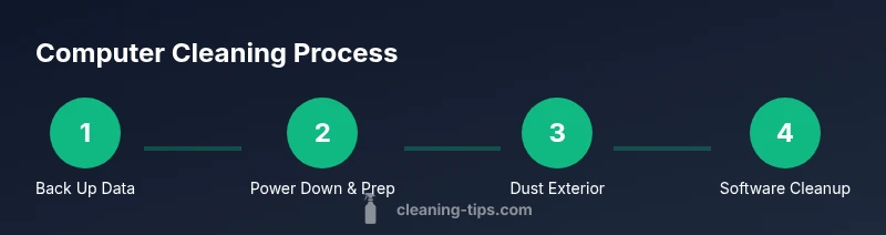 Infographic showing a four-step process: Back Up Data, Power Down, Dust Exterior, Software Cleanup