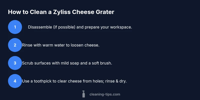 Process infographic showing cleaning steps for a Zyliss cheese grater