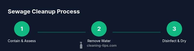 Infographic showing a three-step sewage cleanup process in a home